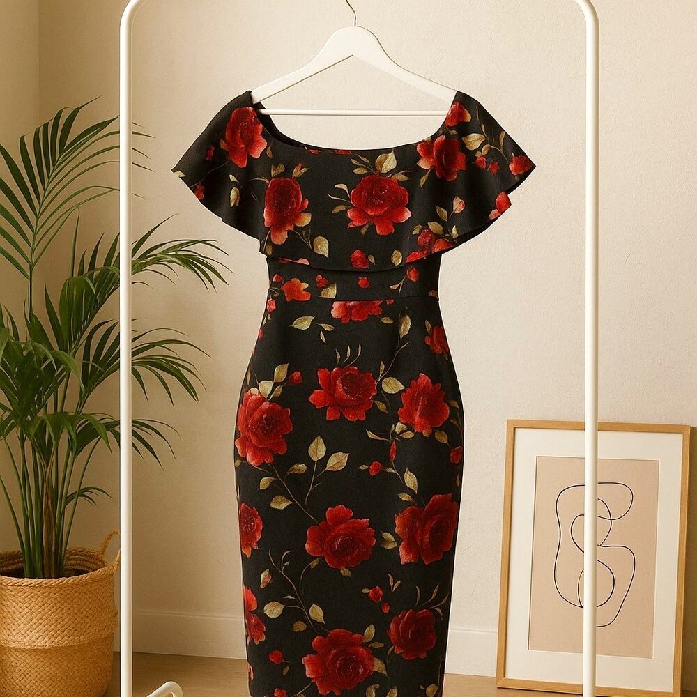 Off-Shoulder Black Floral Bodycon Dress – Elegant Ruffle Detail, Size 2